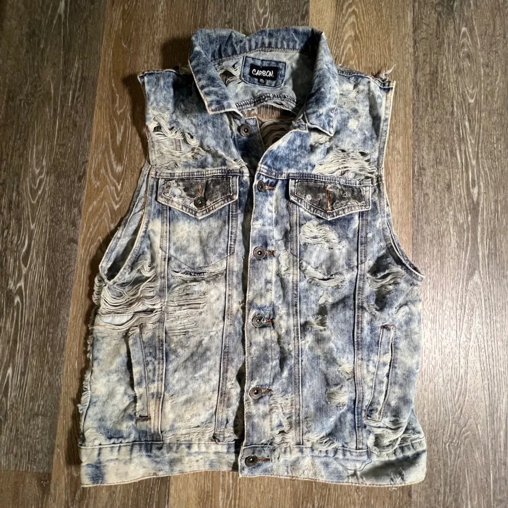 Carbon Denim Vest Mens XL Blue Acid Wash Distressed Shredded Trucker Jacket